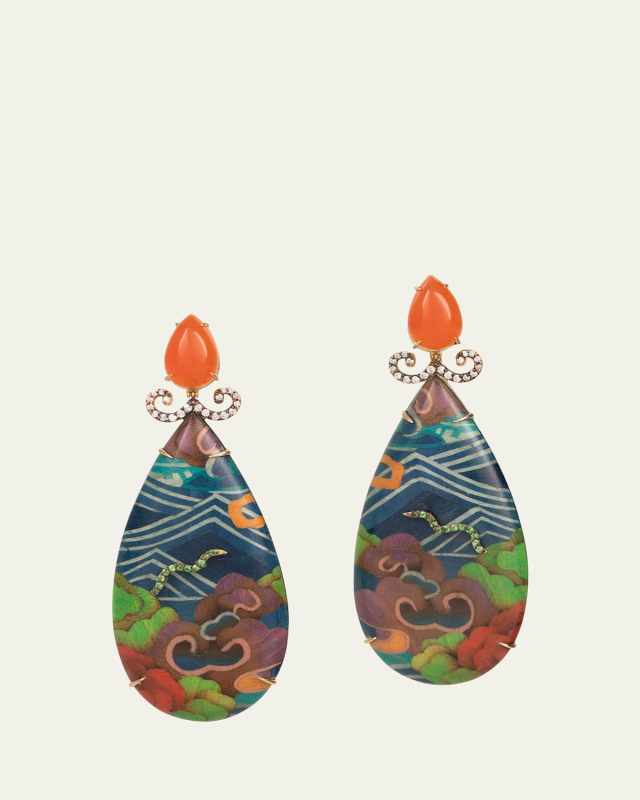 Marquetry Teardrop Earrings with Diamonds, Tsavorite and Carnelian
